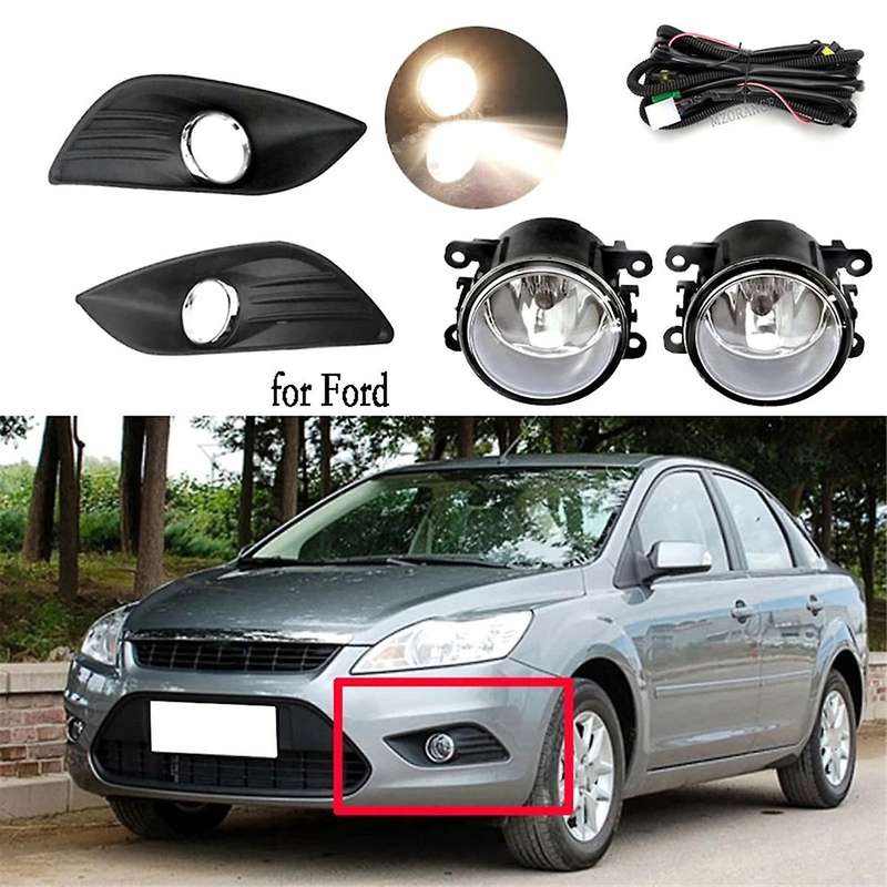 Fog Lights for Focus Mk2 2009-2011 Halogen Headlight Fog Lamp Cover Grille Chrome Bezel Harness Kit