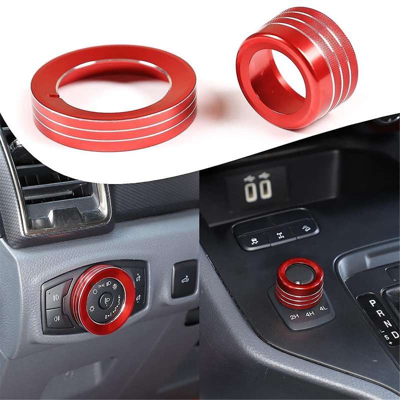 for 2015-2021 Headlight Switch/4WD Knob Ring Cover Trim Decoration Accessories Aluminum Alloy (Red)