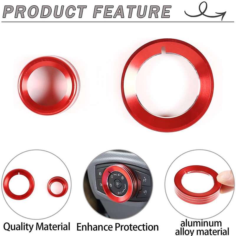 for 2015-2021 Headlight Switch/4WD Knob Ring Cover Trim Decoration Accessories Aluminum Alloy (Red)