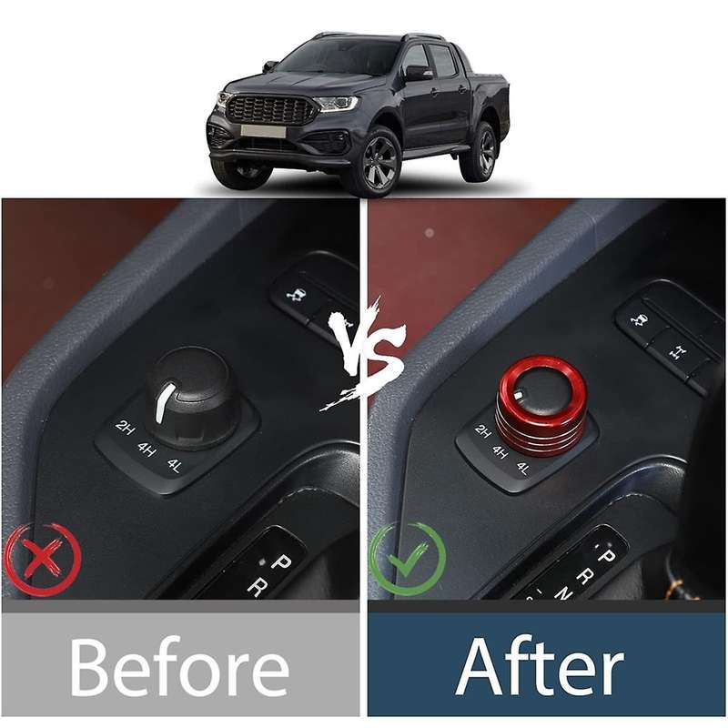 for 2015-2021 Headlight Switch/4WD Knob Ring Cover Trim Decoration Accessories Aluminum Alloy (Red)