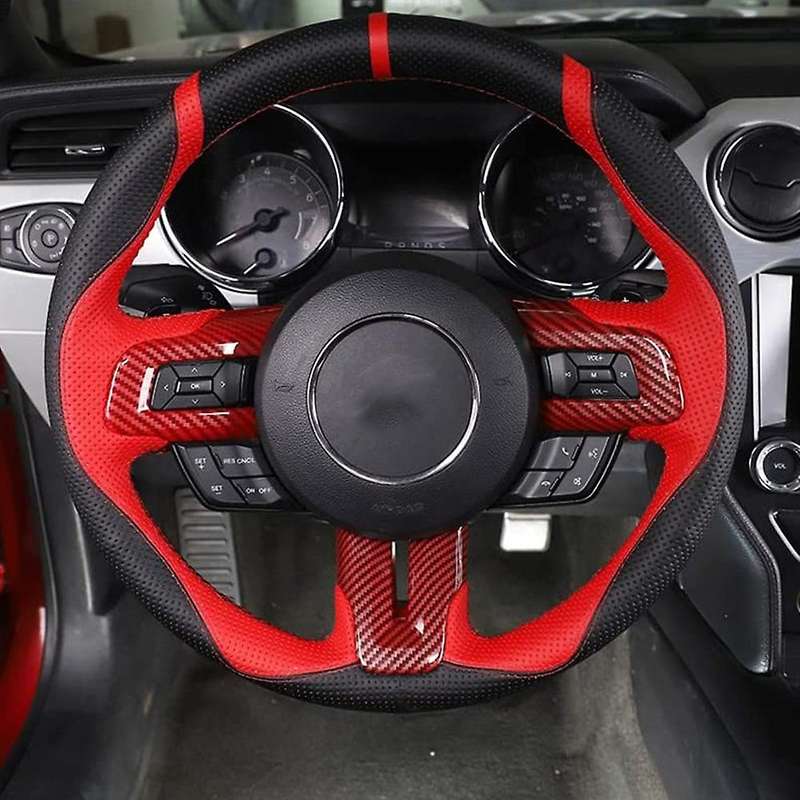 for 2015-2021 Red Carbon Fiber Steering Wheel Button Panel Cover Trim Decorative Frame Sticker Acces