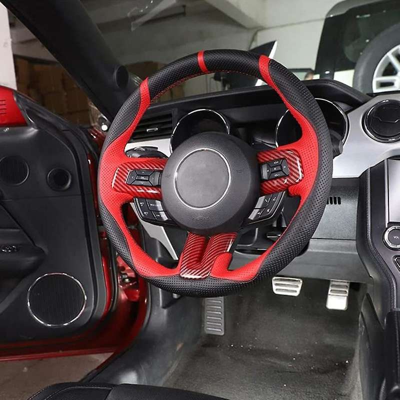 for 2015-2021 Red Carbon Fiber Steering Wheel Button Panel Cover Trim Decorative Frame Sticker Acces