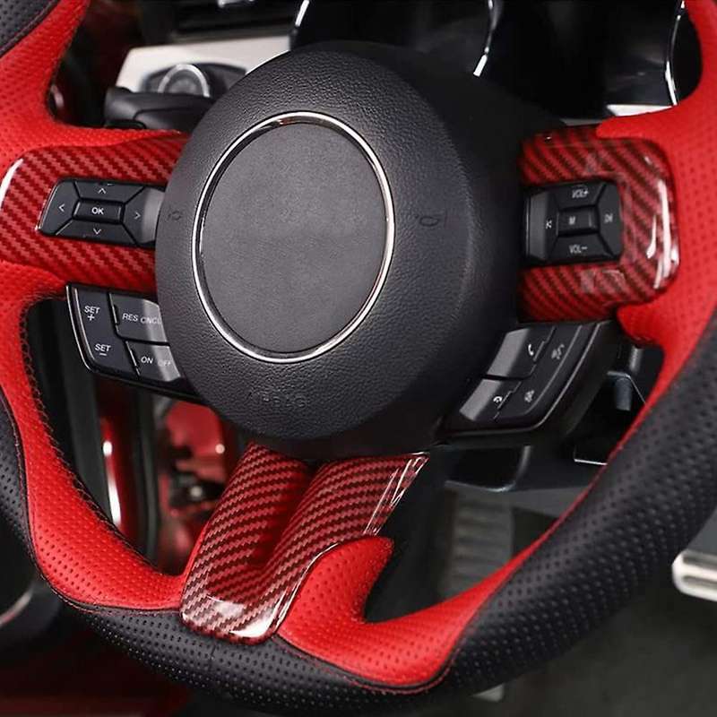 for 2015-2021 Red Carbon Fiber Steering Wheel Button Panel Cover Trim Decorative Frame Sticker Acces