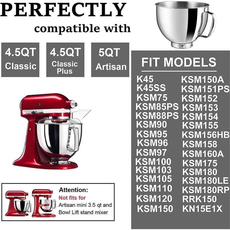 for 4.5-5QT Tilt-Head Stand Mixers Accessories Mixing Bowl with Handle+Dumping Protective Cover