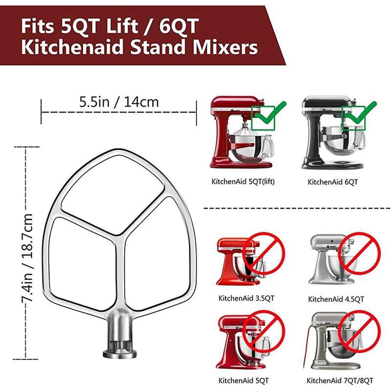 for 5QT-6QT Bowl Tilt-Head Stand Mixers Attachment Stainless Steel Flat Beater+ Spiral Dough Hook