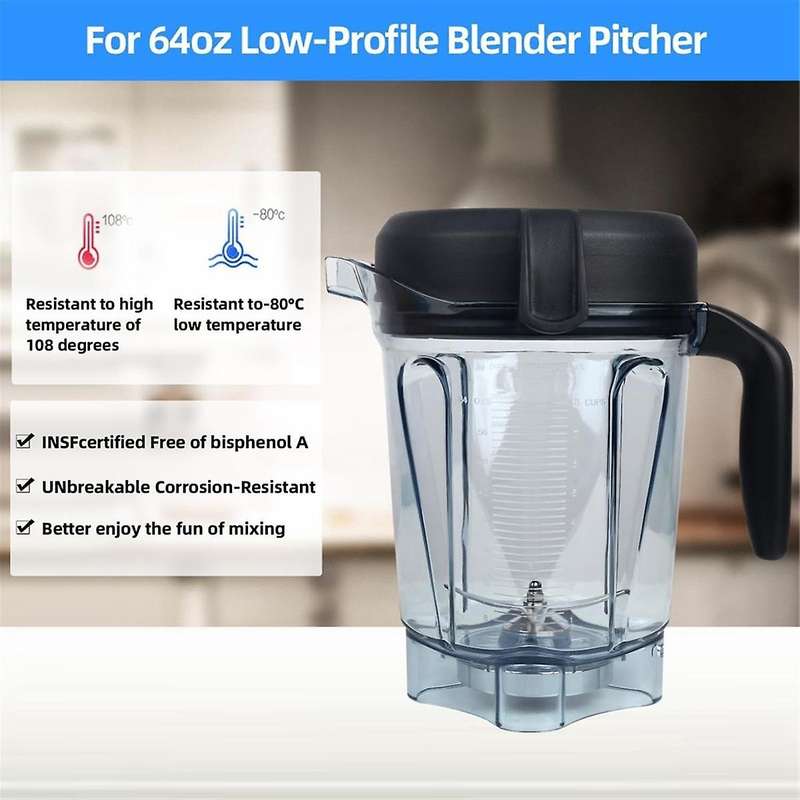 for Blender Pitcher 64oz Low-Profile Replacement for 750, 5200, 5000, 6300, 7500 Container Jar Cup