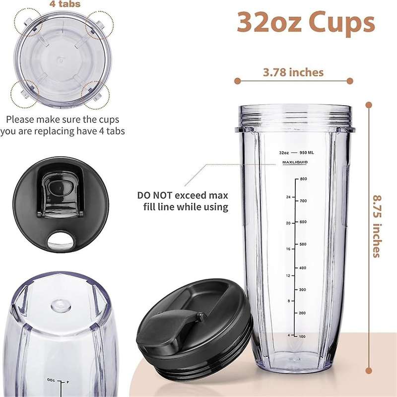 for Ninja Blender Cups Replacement 32 Oz Cups Kit with Seal Lids Bl450 Bl480 Bl486 Bl487 Bl492 Bl49