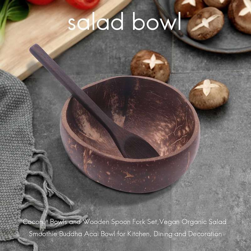 Coconut Bowls and Wooden Spoon Fork Set,vegan Organic Salad Smoothie