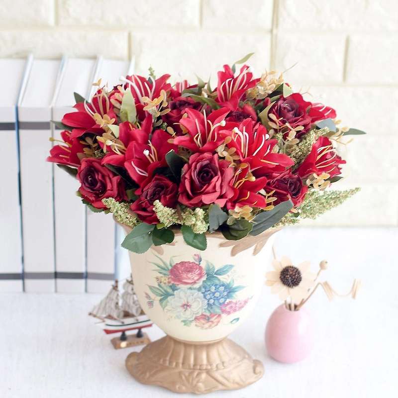 Rose Lily Artificial Silk Flowers for Bride Bouquet Home Pink