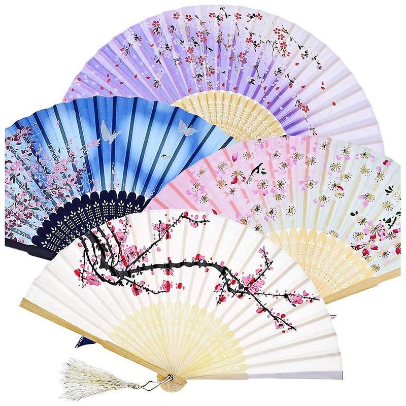 4pack Handheld Floral Folding Fans Hand Held Fans Silk Bamboo Fans