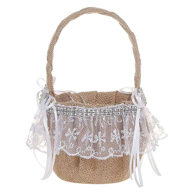 Lace Flower Girl Basket for Wedding Rustic Burlap Flower Basket