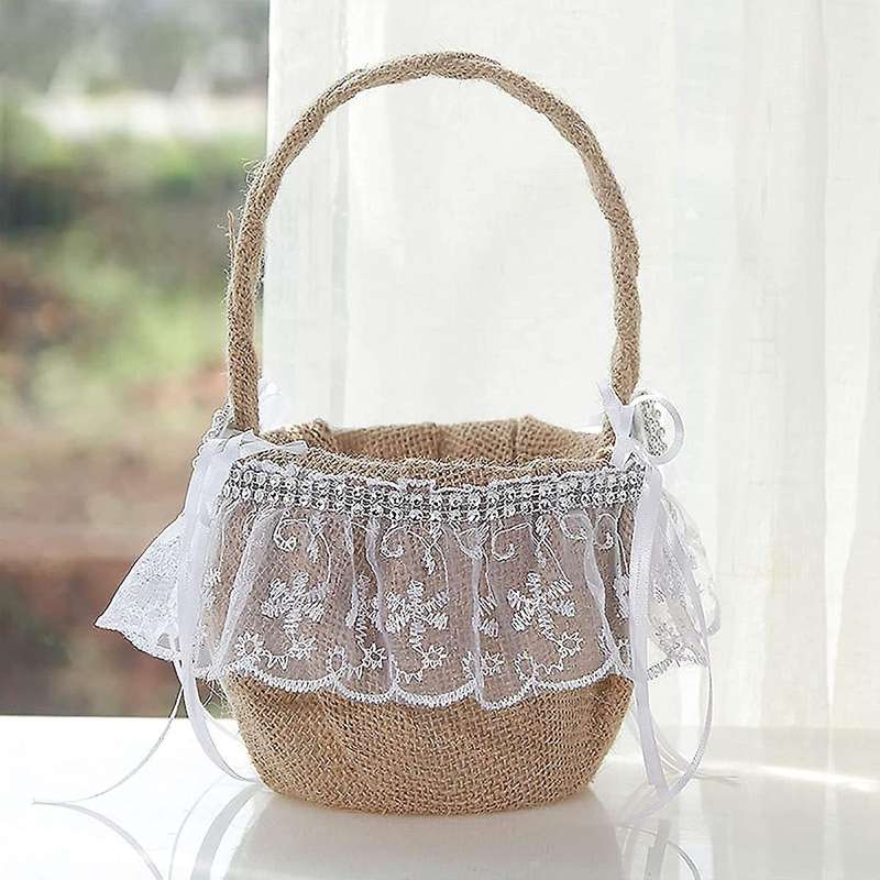 Lace Flower Girl Basket for Wedding Rustic Burlap Flower Basket