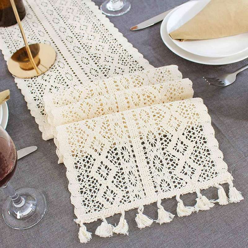 Nordic Crochet Lace Table Runner with Tassel Cotton Home Decor B
