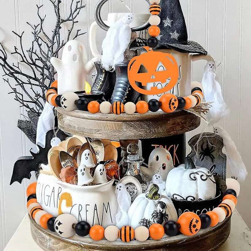 3 Pcs Wood Bead Garland with Tassels for Halloween Wall Hanging Decor