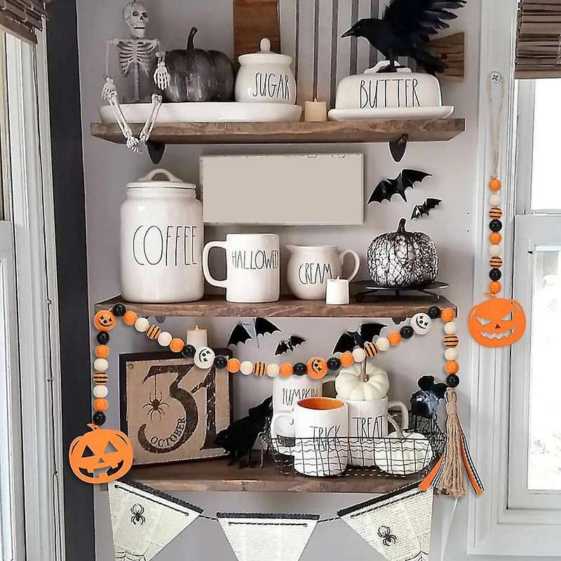 3 Pcs Wood Bead Garland with Tassels for Halloween Wall Hanging Decor