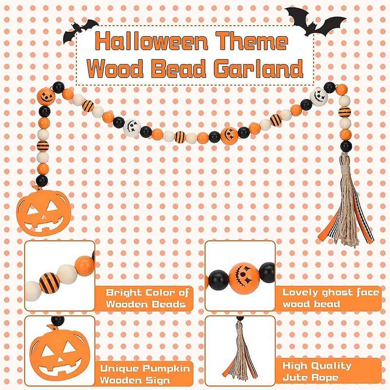 3 Pcs Wood Bead Garland with Tassels for Halloween Wall Hanging Decor