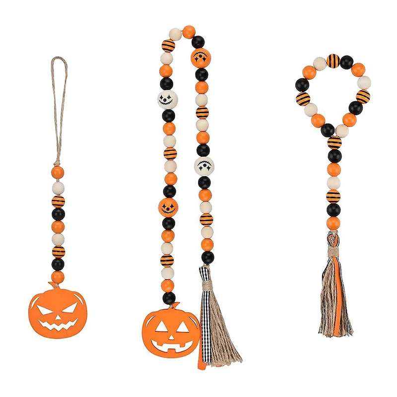 3 Pcs Wood Bead Garland with Tassels for Halloween Wall Hanging Decor