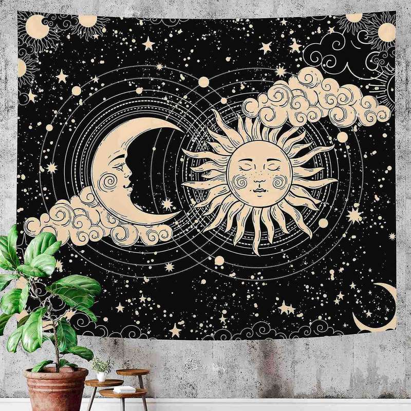 Aesthetic Psychedelic Sun and Moon Black Tapestry - 130x150cm