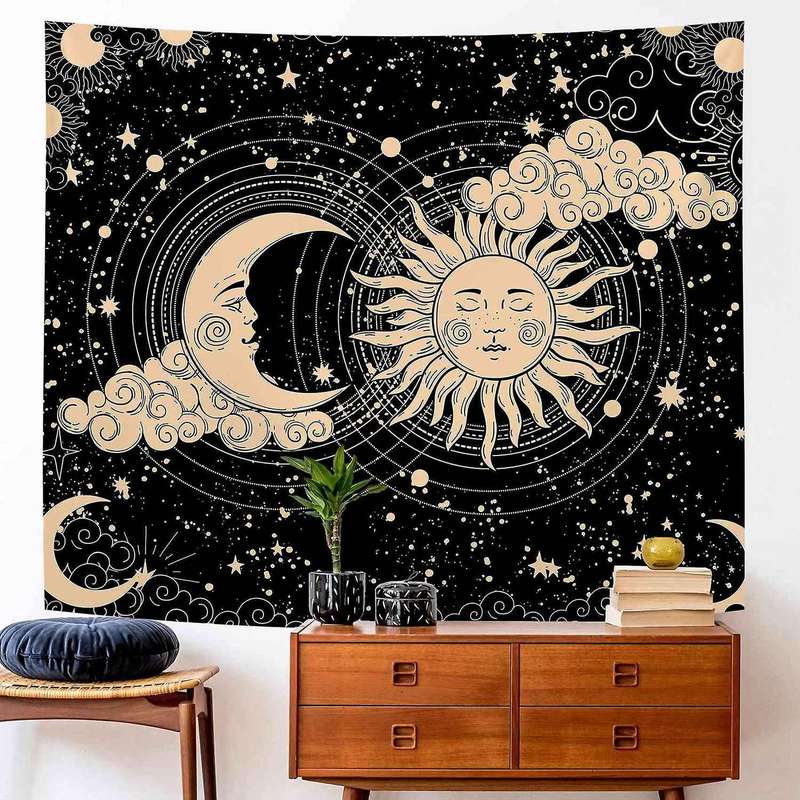 Aesthetic Psychedelic Sun and Moon Black Tapestry - 130x150cm