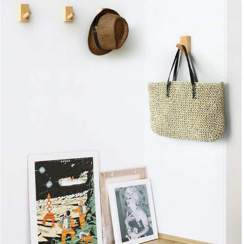 4 Pcs Wood Hangers for Hanging Clothes Adhesive Wall Hat Light Brown