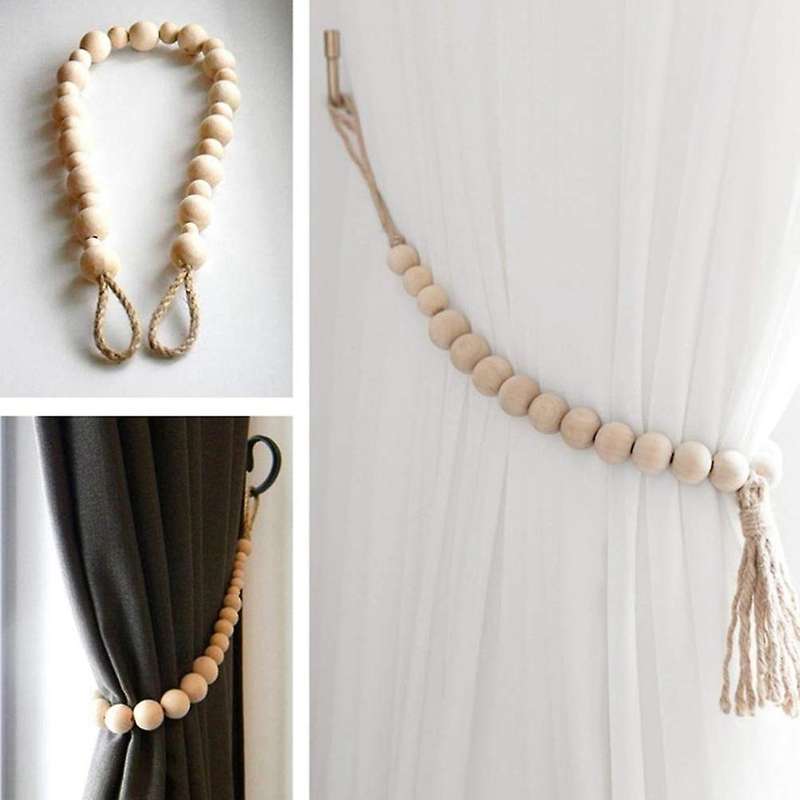 2pcs Wood Bead Garland Tiebacks with Tassels Curtain Rope 44.5cm
