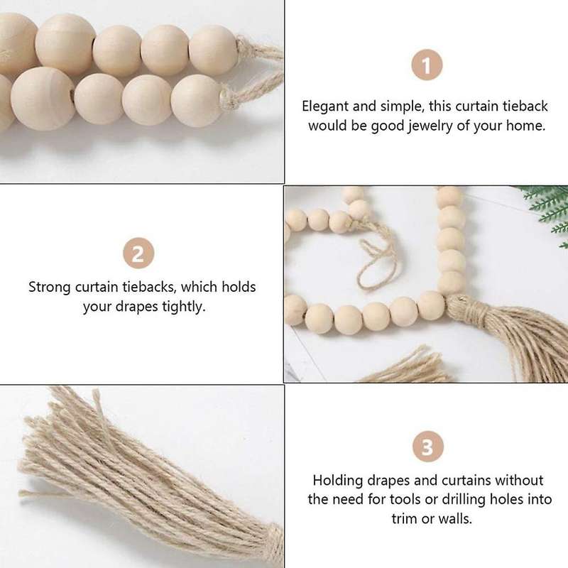 2pcs Wood Bead Garland Tiebacks with Tassels Curtain Rope 44.5cm