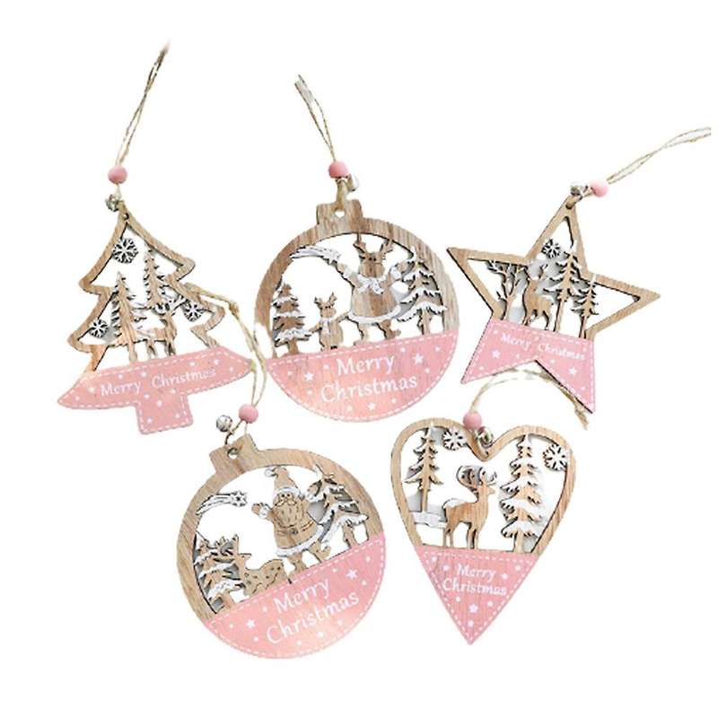 5pcs Pink Christmas Decorations Wooden Pendant
