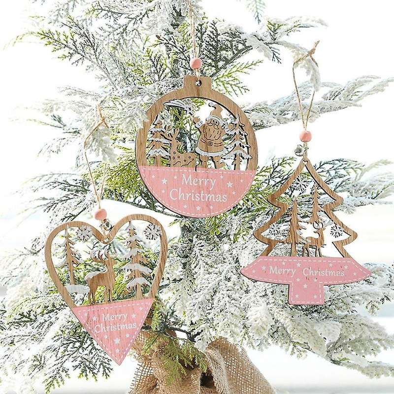 5pcs Pink Christmas Decorations Wooden Pendant