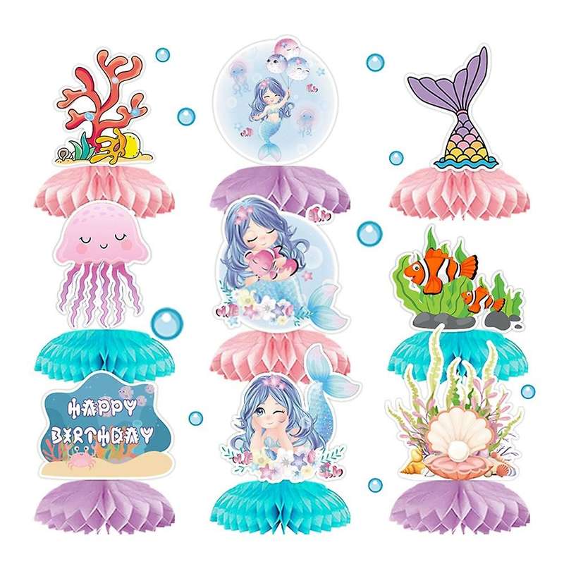 9 Pcs Mermaid Theme Party Honeycomb Centerpieces Ornaments for Tables