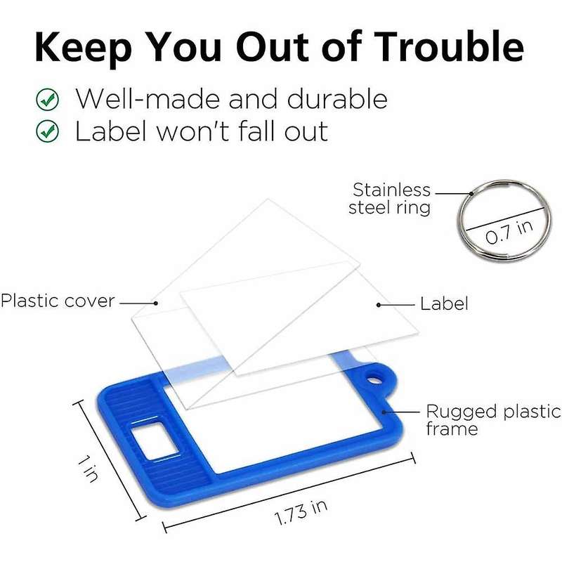 100 Pcs Tough Plastic Key Tags with Window and Split Ring, 5 Colors