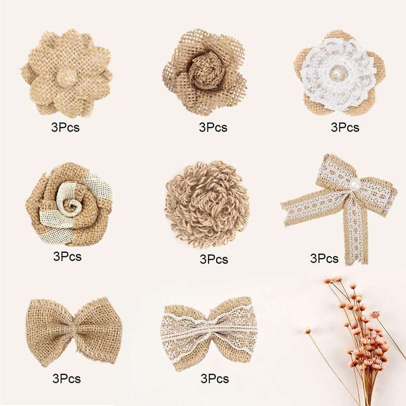 24pcs Burlap Flowers and Burlap Bowknots Set for Diy Craft Party Gift