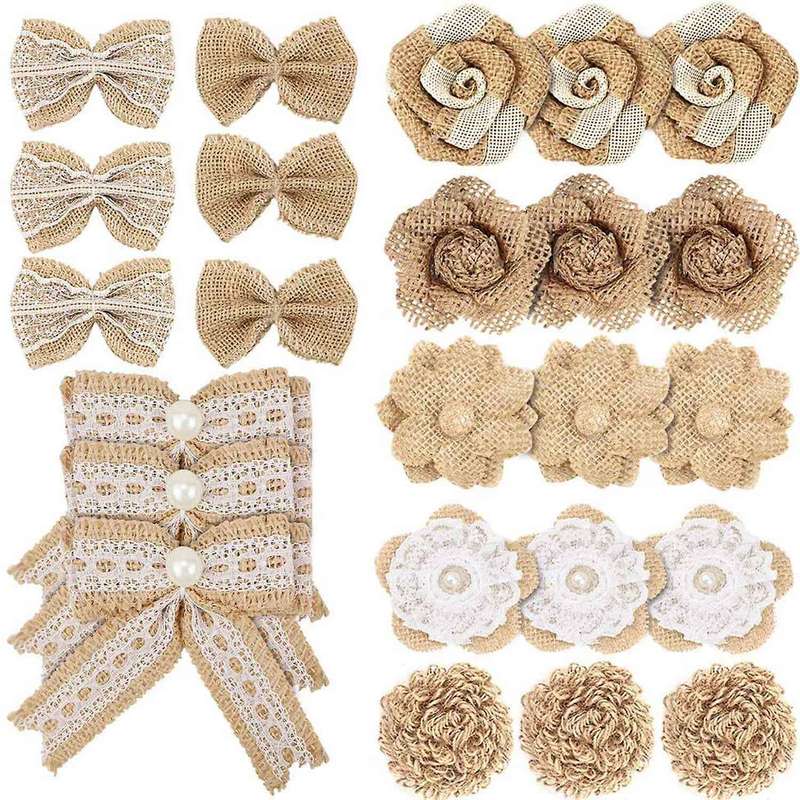 24pcs Burlap Flowers and Burlap Bowknots Set for Diy Craft Party Gift