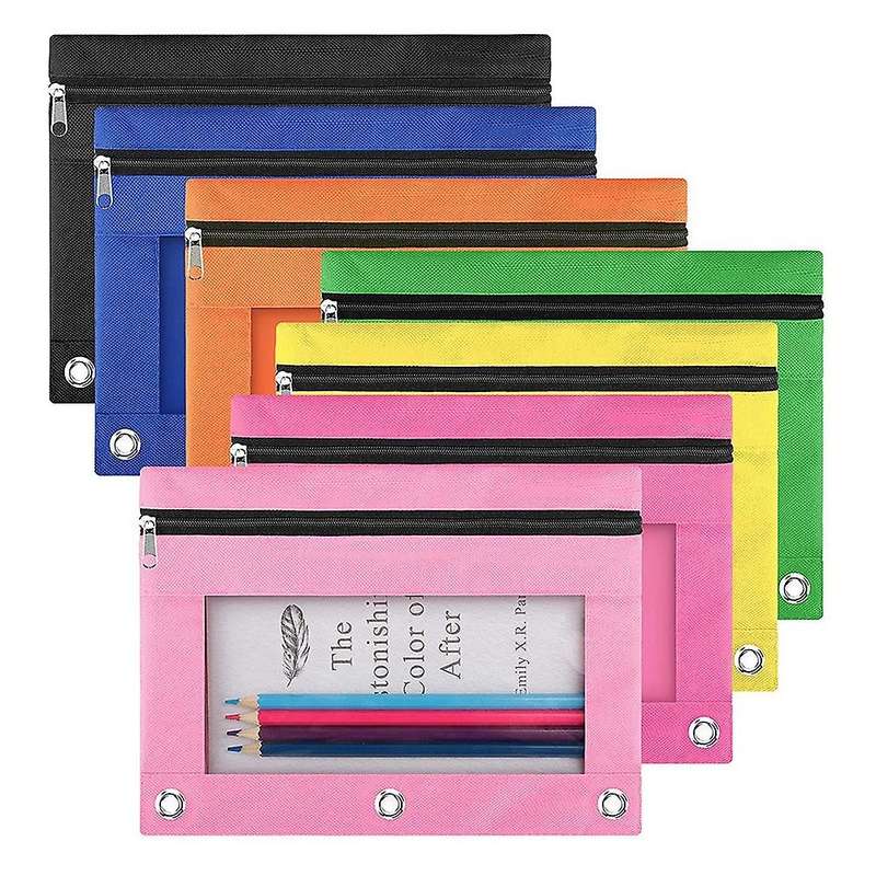 Pencil Pouch 3 Ring Binder, 7 Pack 7 Color Zipper Pencil Case Bag