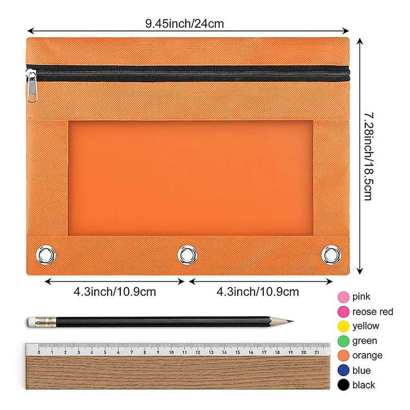 Pencil Pouch 3 Ring Binder, 7 Pack 7 Color Zipper Pencil Case Bag
