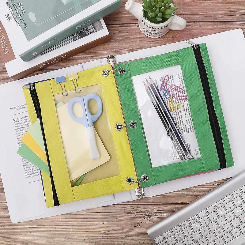 Pencil Pouch 3 Ring Binder, 7 Pack 7 Color Zipper Pencil Case Bag
