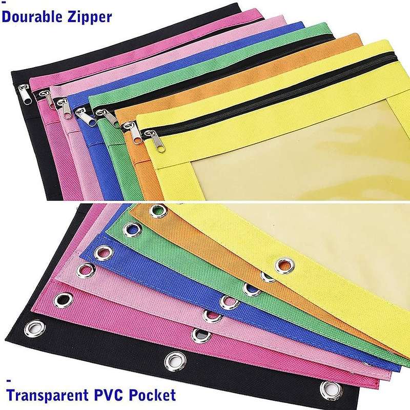 Pencil Pouch 3 Ring Binder, 7 Pack 7 Color Zipper Pencil Case Bag