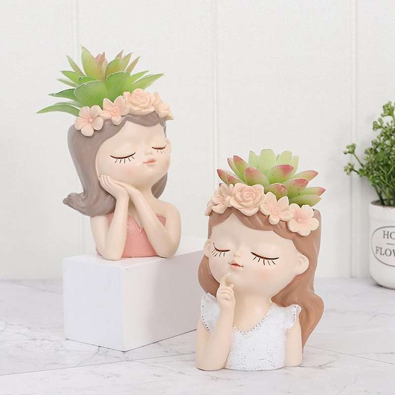 Cartoon Girl Desktop Succulent Plant Potted Flower Pot,11 X 8 X 7cm