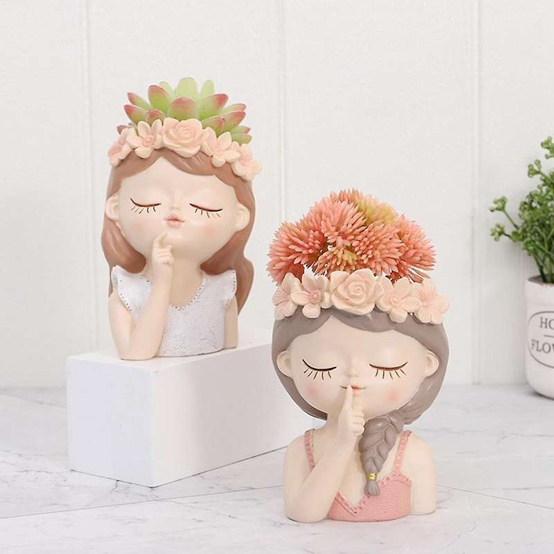 Cartoon Girl Desktop Succulent Plant Potted Flower Pot,11 X 8 X 7cm
