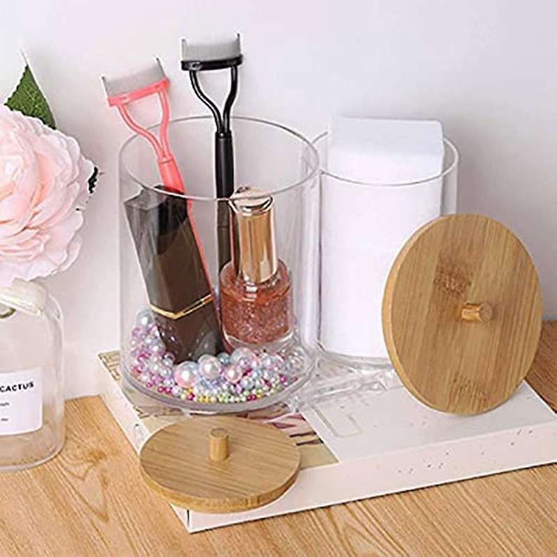Cotton Swab Pads Holder with Bamboo Lids, Acrylic Qtip Holder