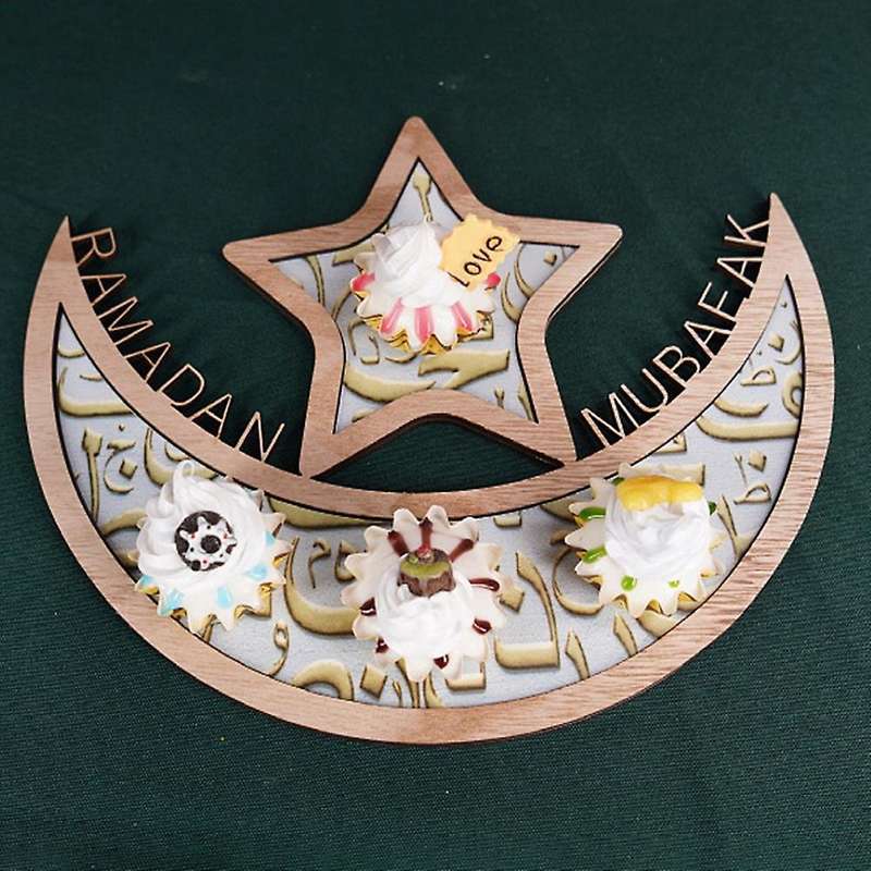 Moon Star Wooden Eid Decoration for Home Muslim Decor Food Tray(a)