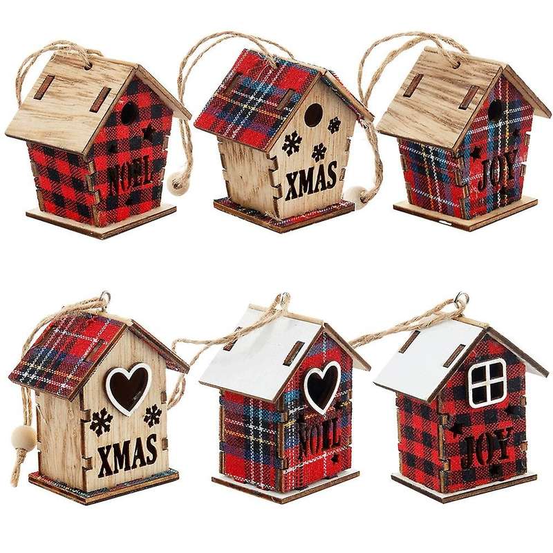 6 Pcs Wooden Cabin Shape Hollow Design Table Ornaments