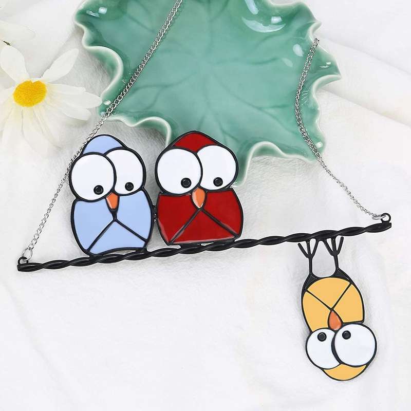 Stained Glass Window Hangings Owls Sun Catcher Ornaments Home - B
