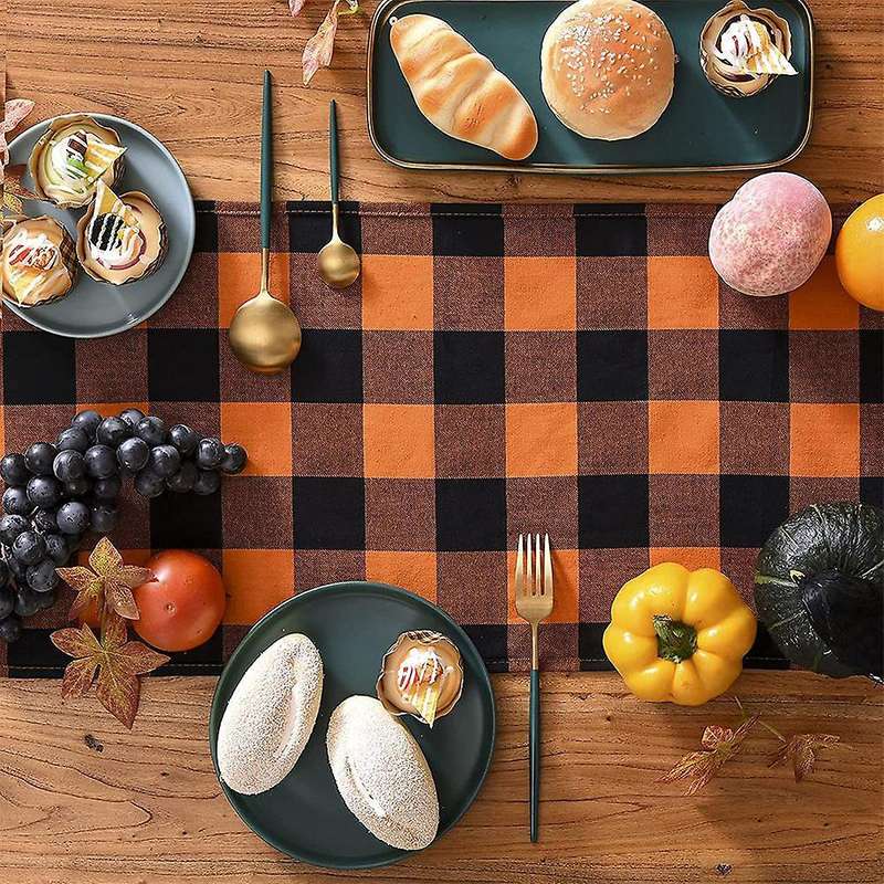 13x108inch Black and Orange Plaid Table Runner,for Party Home Decor