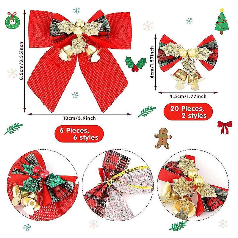 26pcs Christmas Bow with Bells Mini Bowknot Ornament