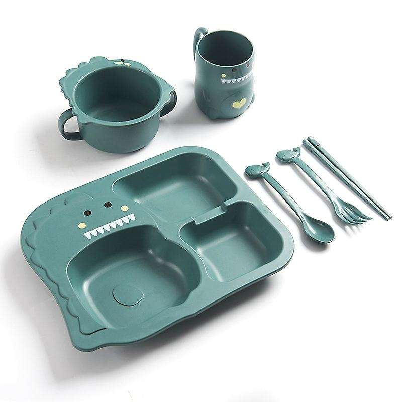 1 Set 6pcs Kid Dinosaur Plate Bowl Cup Spoon Fork Chopsticks,green