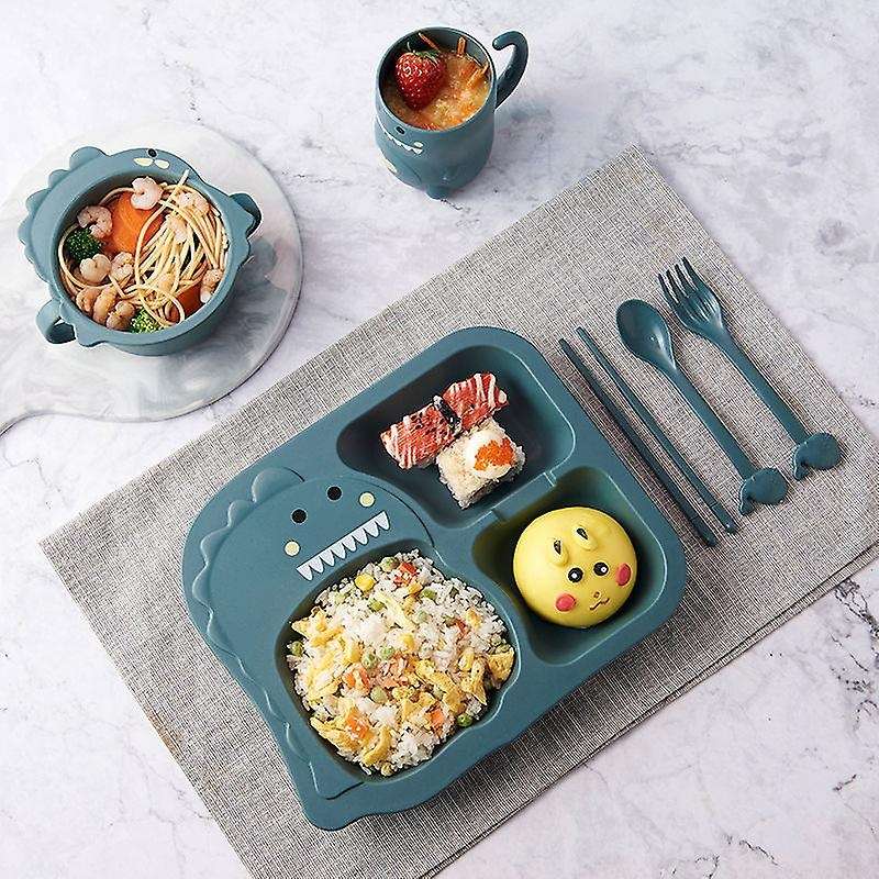 1 Set 6pcs Kid Dinosaur Plate Bowl Cup Spoon Fork Chopsticks,green