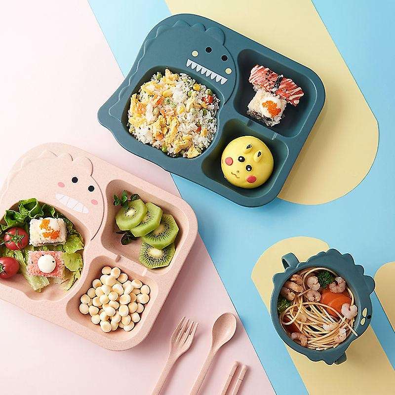 1 Set 6pcs Kid Dinosaur Plate Bowl Cup Spoon Fork Chopsticks,green