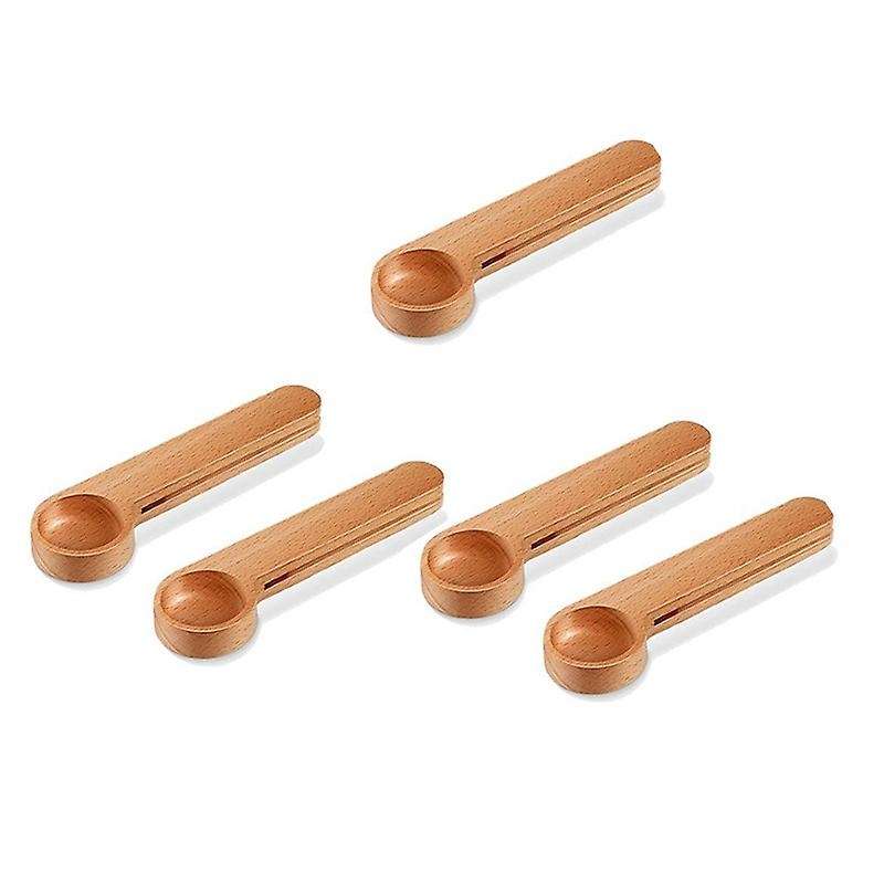 5 Pcs Wooden Scoop & Bag Clip Measure Spoon 2-in-1 for Coffee,tea