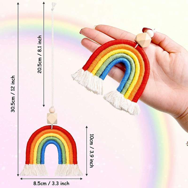 Boho Rainbow Car Charm Macrame Wooden Beads Mirror Hanging