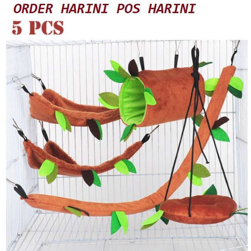 5pcs Leaf Wood Design Small Animal Hammock Channel Ropeway Swing
